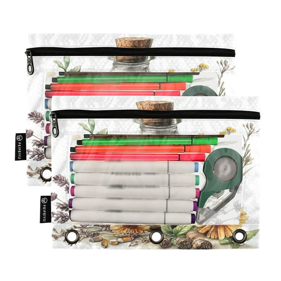 Ckdifva Drink with Flowers Herbs Pencil Pouch 3 Ring Zipper Pencil Case Binder Pockets Clear Top Cosmetic Bag 2 Pack