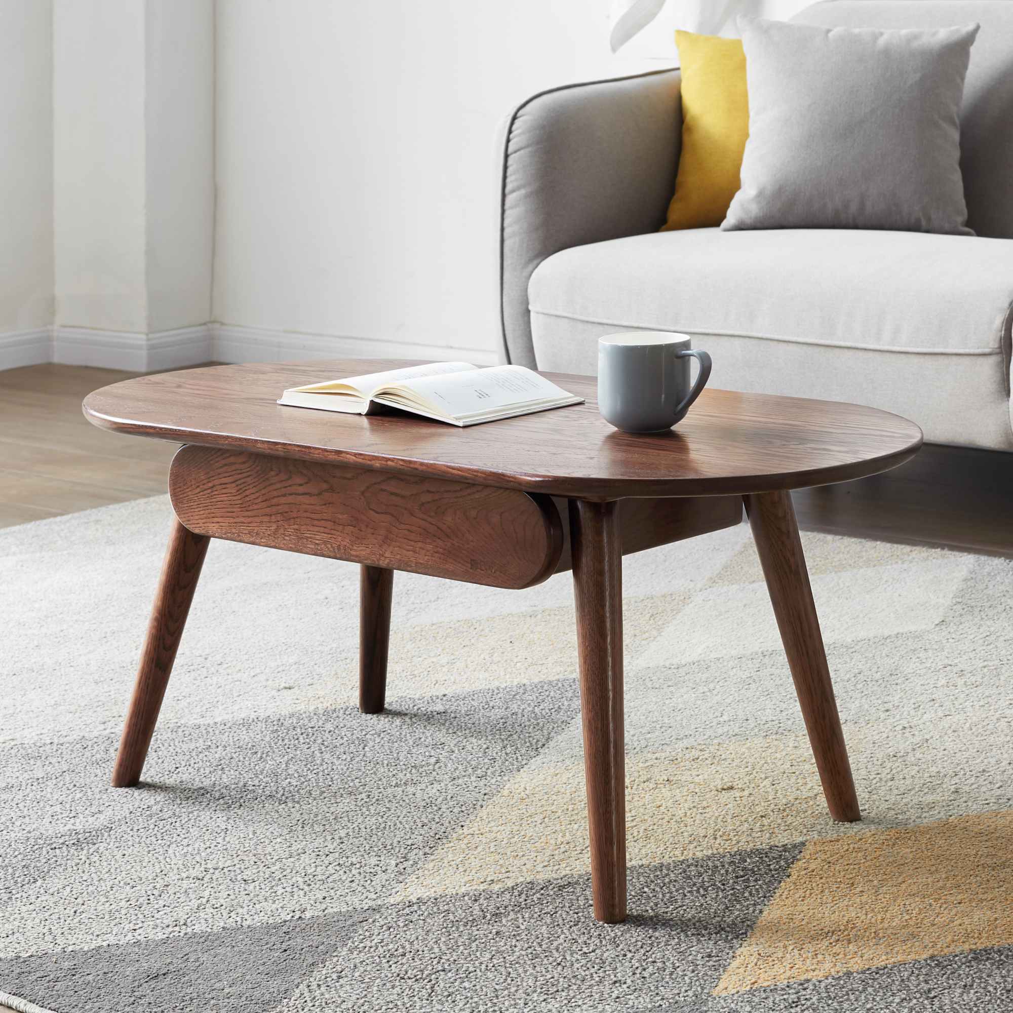 MAYEERTY Capsule Solid Oak Coffee Table with Storage Drawers – Modern Oval Center Table for Living Room & Home Office