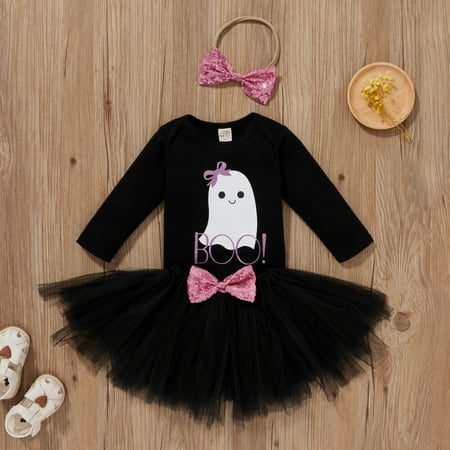 

Bullpiano 3Pcs Baby Girls Halloween Clothes Toddler Long Sleeve Romper Mesh Yarn Tutu Skirt Dress With Headband 0-24M