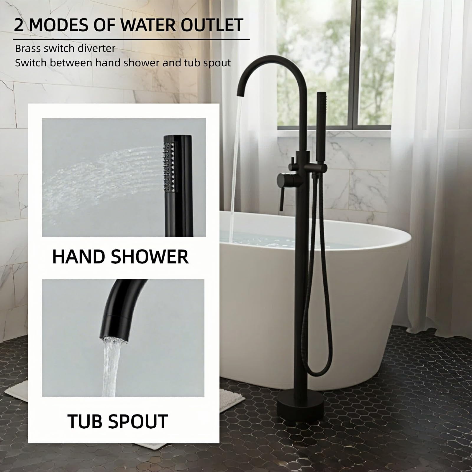 LIFERECORD Floor Mount Freestanding Tub Faucet, Solid Brass Stand Alone Bathtub Filler with 2-Function Hand Shower, 360° Swivel Spout, Rough-In Valve, Anti-Wobble Base, High Flow Mixer Tap