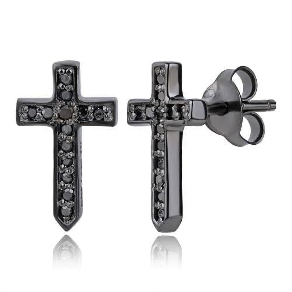 Real Black Diamond Cross Stud Earrings in Sterling Silver