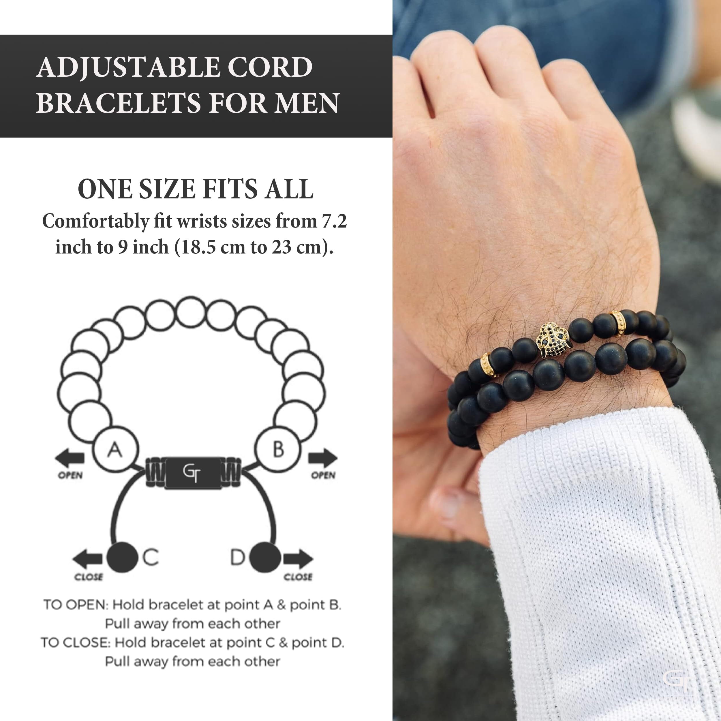 Men's BLACK ONYX Bracelet with Golden LEOPARD Head  | Gift for Men | One Size Fits All | 100% Natural | Gemstone Adjustable Bracelet