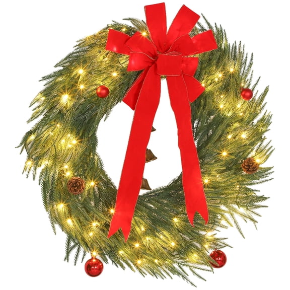 36 Inch Christmas Wreath for Front Door with LED Lights, Prelit Christmas Wreath with 8 Modes and Ornaments, Green