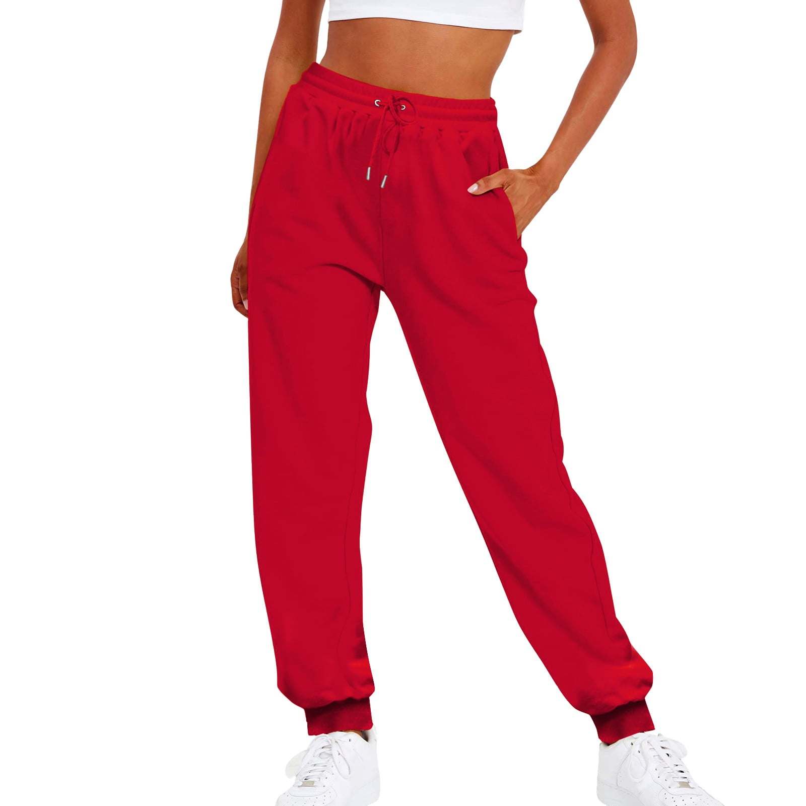 ELFINDEA Lounge Pants Women Fashion Sport Solid Color Drawstring Pocket  Casual Sweatpants Pants Red 2XL