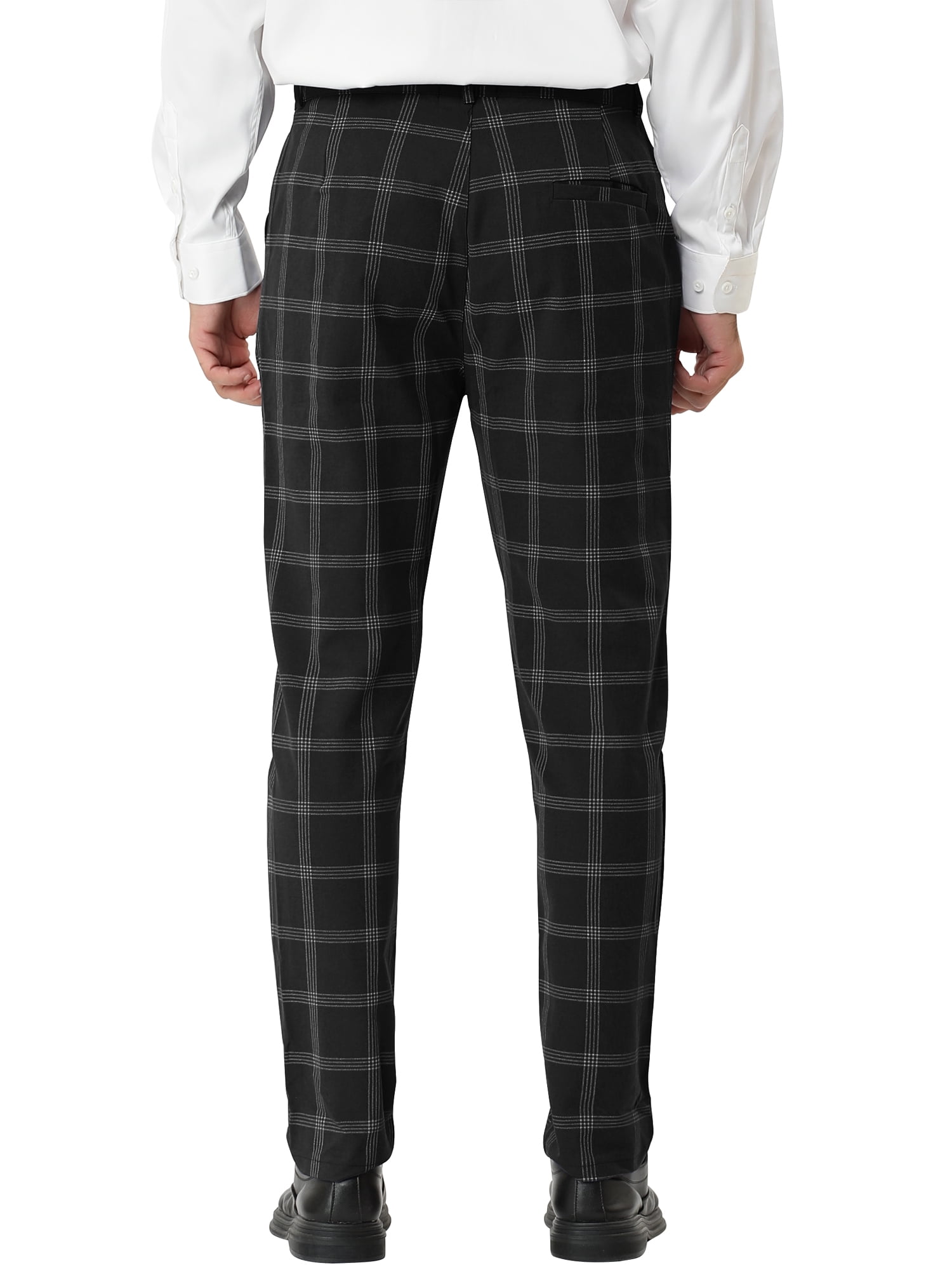 Unique Bargains Men's Plaid Pattern Slim Fit Flat Front Business Pants with Pockets 36 Black