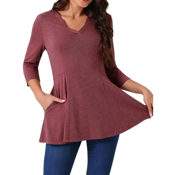 DARING DIVA Women's V Neck 3/4 Sleeve Casual Blouses with Pockets S Wine Red