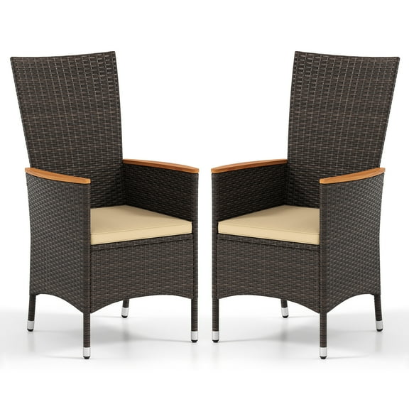 Gymax Patio Rattan Chairs 2 PCS w/High Backrest & Acacia Wood Armrests Cushion Mix Brown