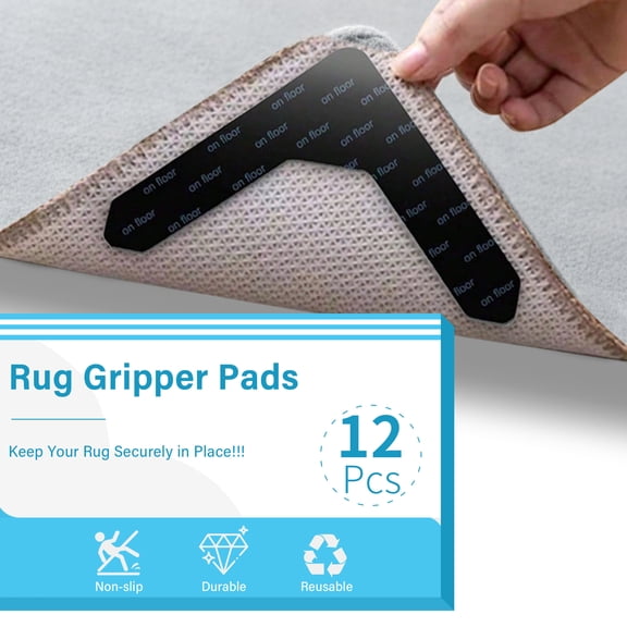 12 Pcs Rug Gripper Pads, for Hardwood Floors and Tiles, Reusable, Double-Sided Adhesive Rug Stickers Keep Corners Flat