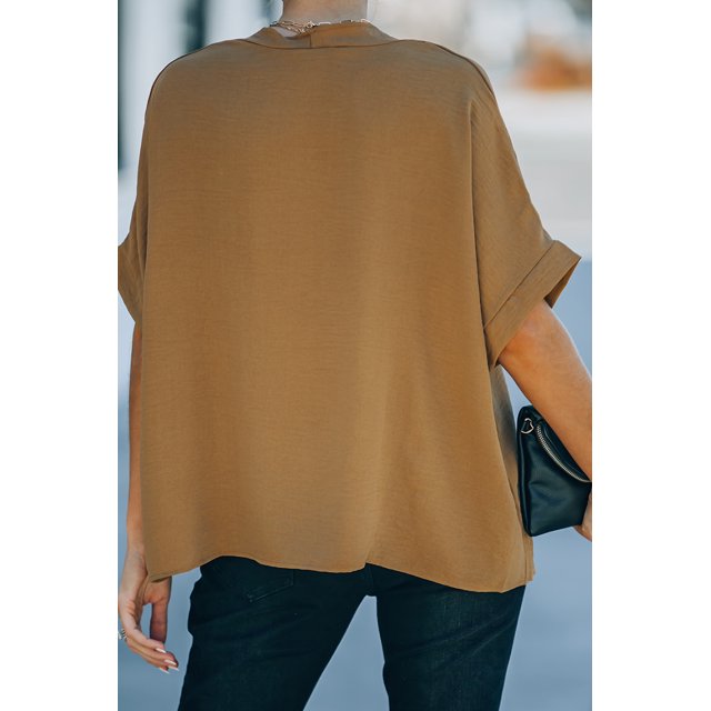 ABPHQTO Blusa de manga corta con cuello en V suelto marrón sólido para mujer