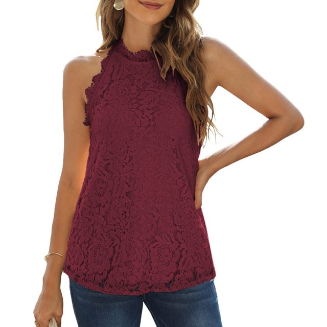Camisetas sin mangas de encaje con cuello halter, camisa informal sin mangas, blusa de mujer para fiesta de verano