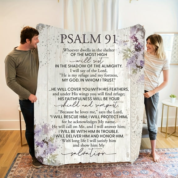 Psalm 91:1 Inspirational Flannel Blanket with Lilac & Wood Grain Design – Soft, Warm, and Faith-Inspired Home Decor for Naps, Camping, Travel, and Gifts for Friends & Family