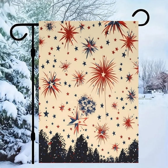 RKSupls Patriotic Linen Double Sided Garden Flag, Independence Day Themed Yard Decor, Fireworks And Stars over Tree Silhouettes Outdoor Banner for Holiday Lawn