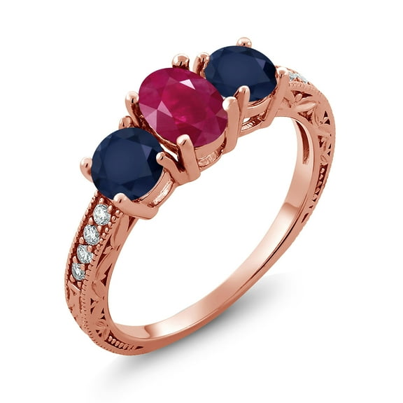 Gem Stone King 2.32 Ct Oval Red Ruby Blue Sapphire 18K Rose Gold Plated Silver Moissanite Ring (Size 6)