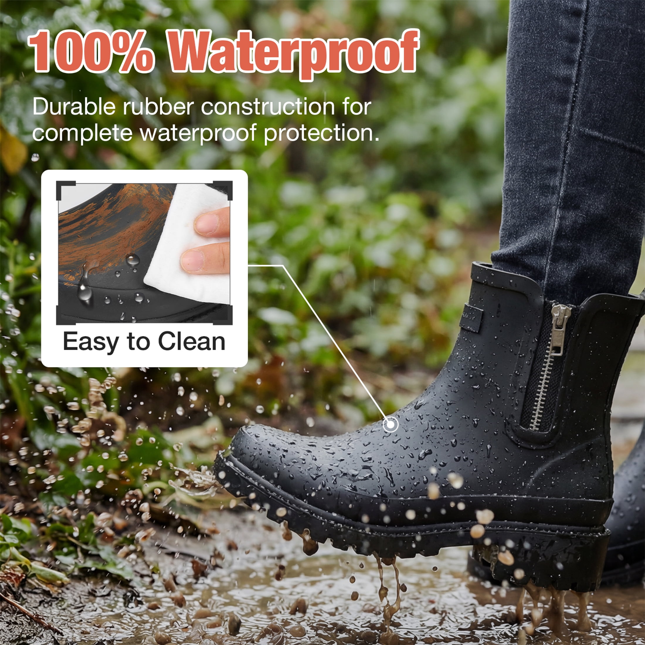 SMILIN Women’s Waterproof Chelsea Ankle Rain Boots with Side Zipper,Black, US Size 10