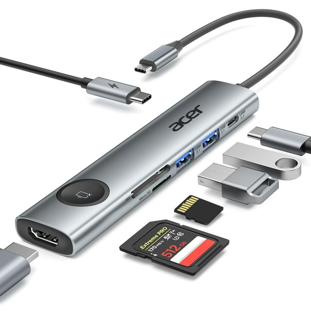 Hub USB-C Acer 7 en 1 HDMI 4K 60Hz 100W PD Lector de Tarjetas SD