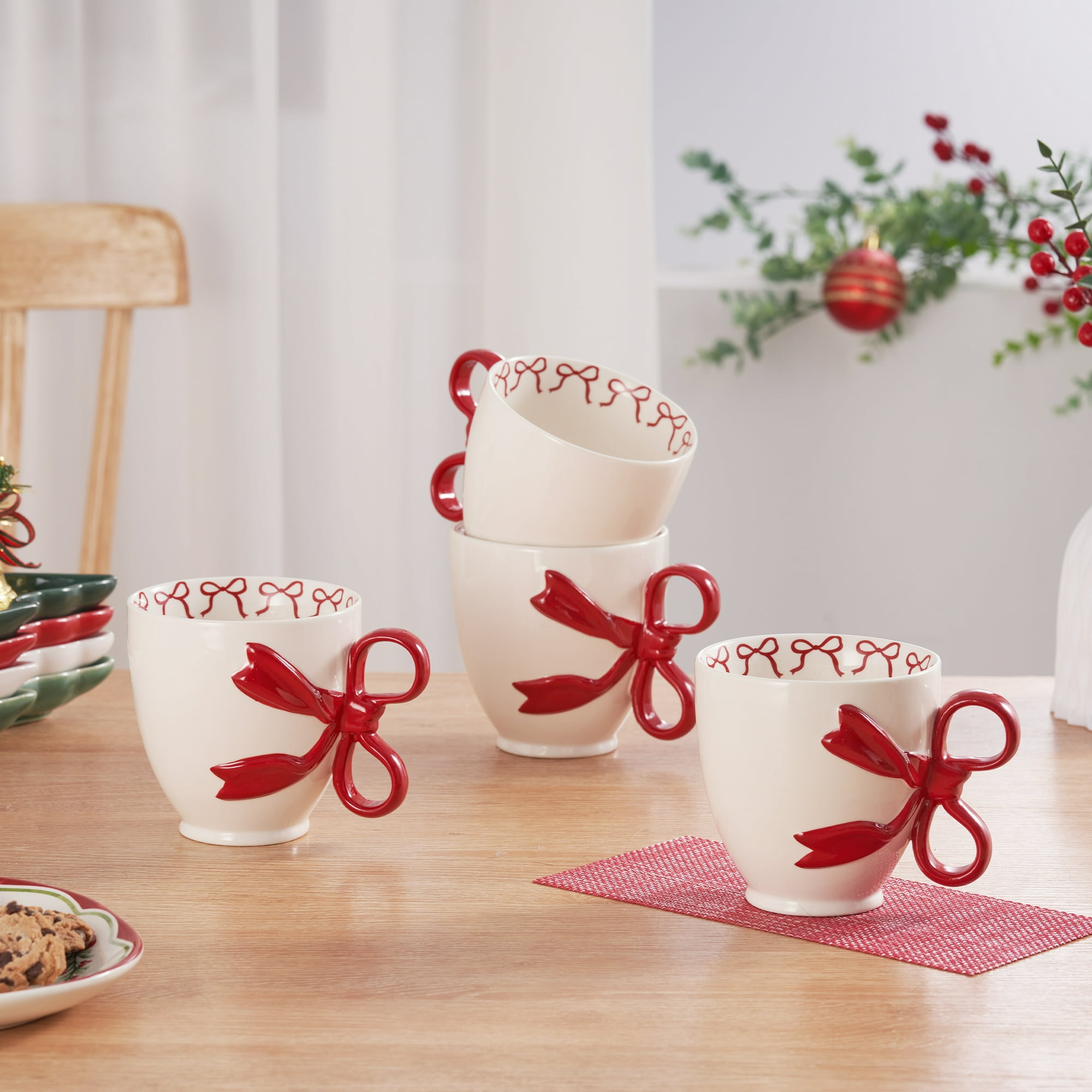 Holiday Time 14.5 Oz Red Bowl Ceramic Mug, Set of 4