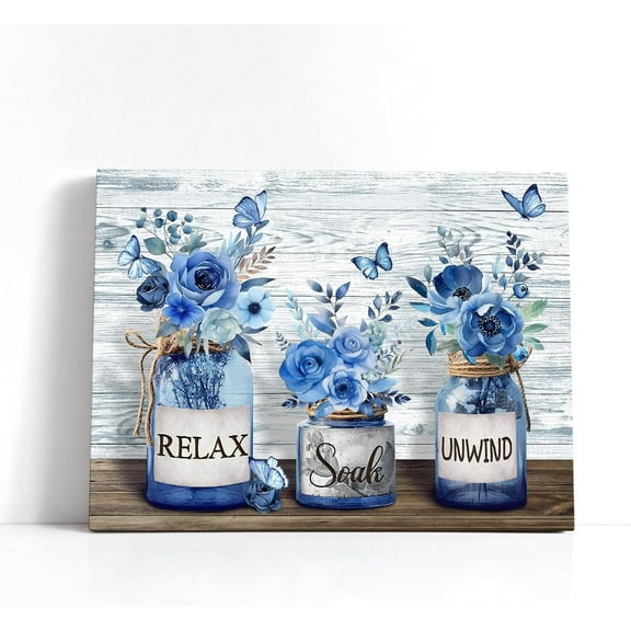 Blue Floral Wall Art Mason Jar Flower Butterfly Pictures Canvas Print Botanical Bathroom Wall Decor Modern Home Decoration for Blue Living Room Bathroom Bedroom Framed Artwork 12X16 Inch