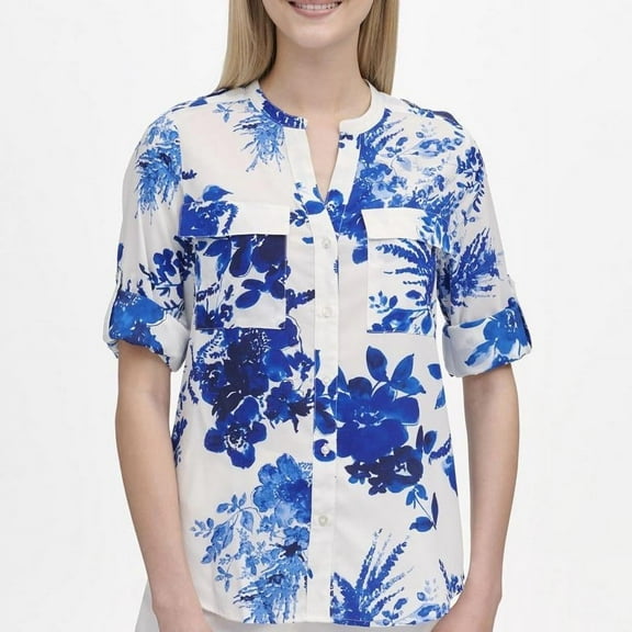 Calvin Klein Printed Roll-Tab Blouse - White