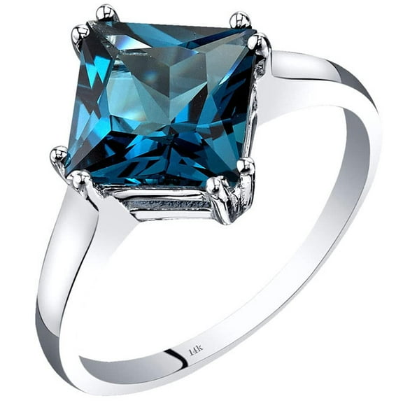 PEORA London Blue Topaz Classic Solitaire Ring for Women 14K White Gold, Natural Gemstone, 2.75 Carats Princess Cut 8mm, Comfort Fit, Size 8