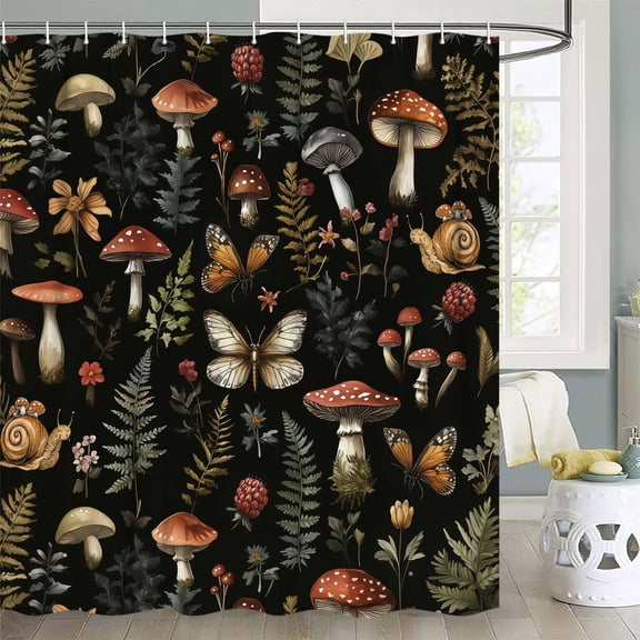 VEIVIAN Mushroom Floral Shower Curtain, Vintage Flowers Plants Animals Retro Bohemian Botanical Boho Black Shower Curtains, Nature Bathroom Decor Waterproof Polyester Fabric with 12 Hooks, 72x72 Inch