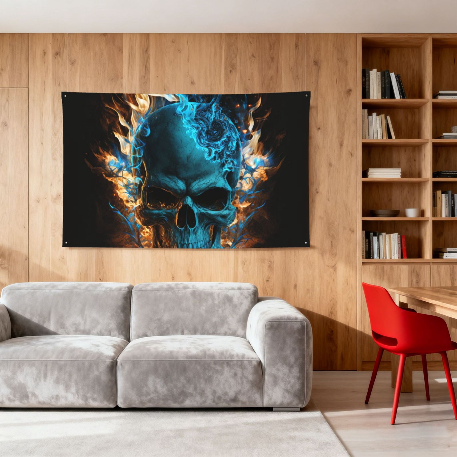 Blue Flame Fire Skull Burning Four Hole Decorated Banner Flag for Garden Yard Home Decoration Indoor Outdoor 4x6 Ft