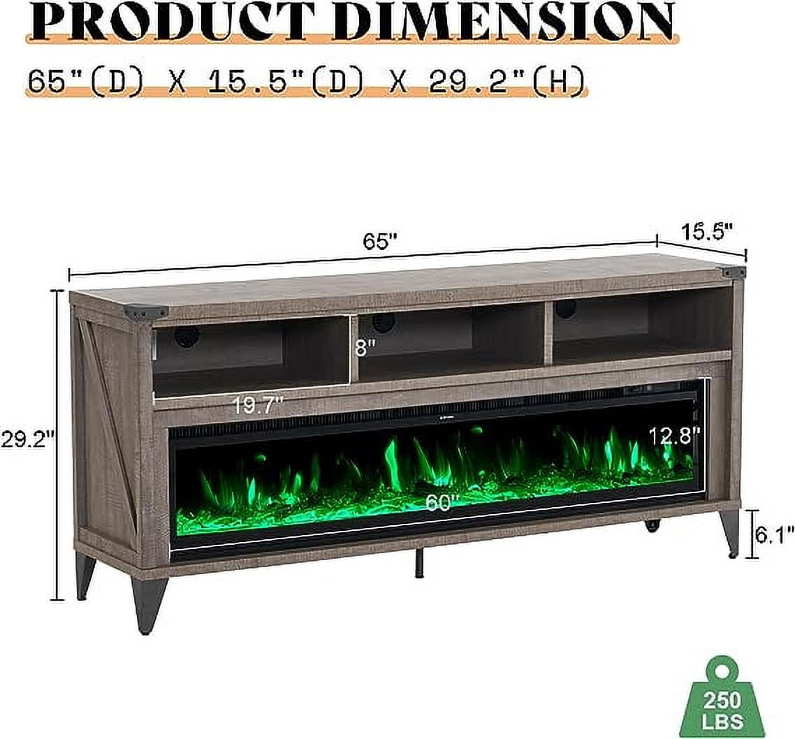 Amerlife 65" Tv Stand, Fireplace, Light Gray
