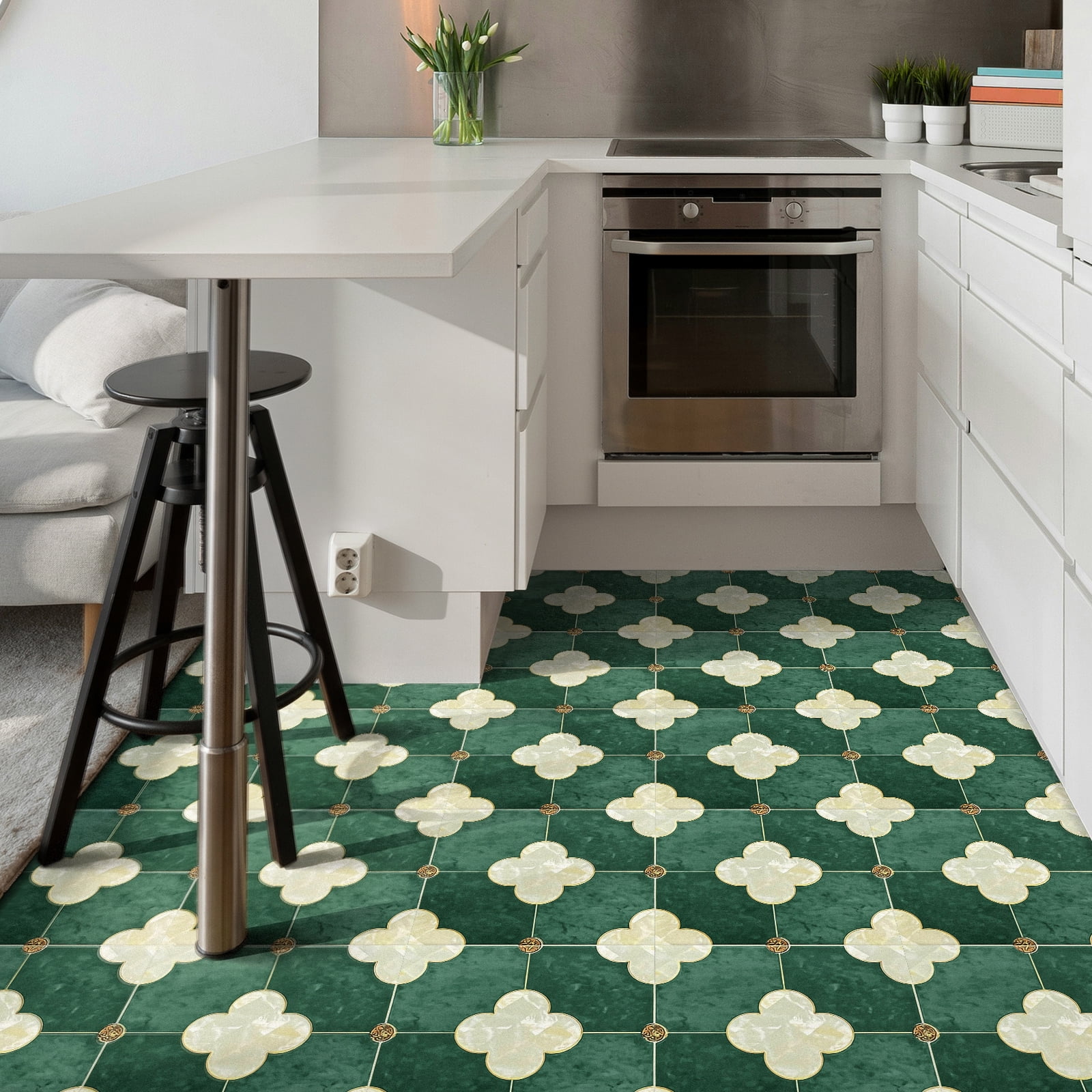 DEWOO Peel and Stick Floor Tile, Peel and Stick Flooring Self Adhesive, Waterproof Vinyl Flooring Suitable for Bathroom, Kitchen, Dark Green(12 x 12 In, 10PCS)