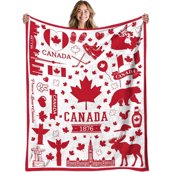 Canadian Throw Blanket Birthday Gifts for Women and Men Canadian Flag Maple Leaf Print Blanket Cozy Flannel Canadian Themed Blanket for Holiday Sofa Gift for Chritsmas Thanksgivingin 50"x60"