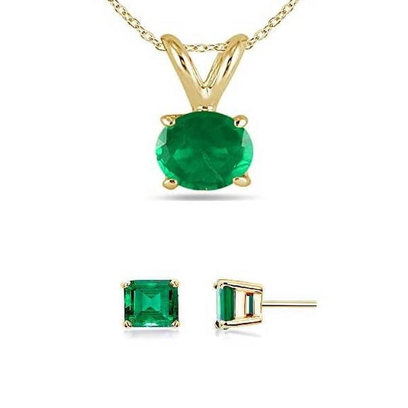 Bonjour Jewelers 18K Yellow Gold 1ct Emerald Round 18 Inch Necklace And Square Earrings Set Plated