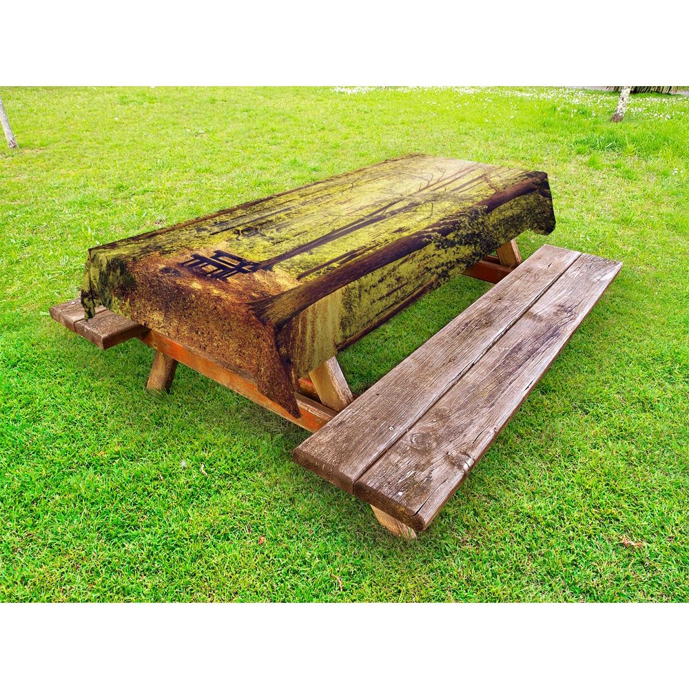 Forest Outdoor Tablecloth, Picnic Table in the Forest Foliage Greenery