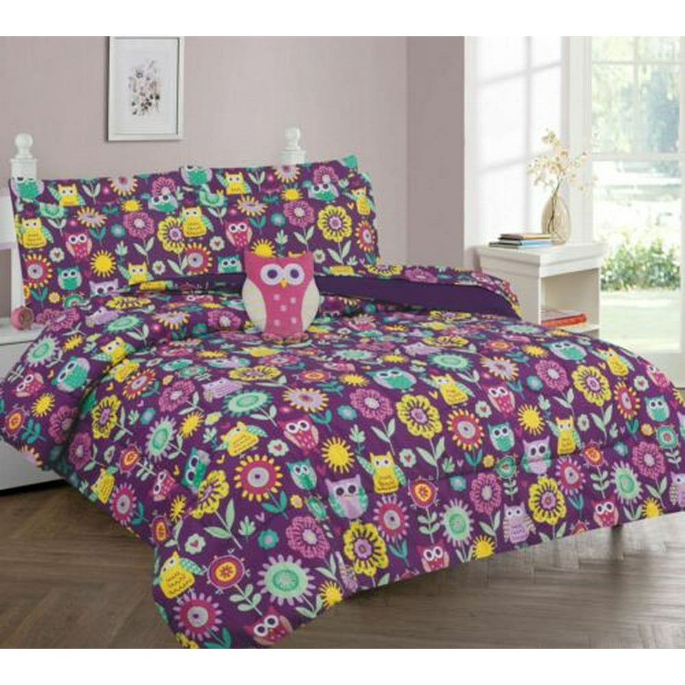TWIN OWL GIRLS BEDDING SET, Beautiful Microfiber Comforter With Furry