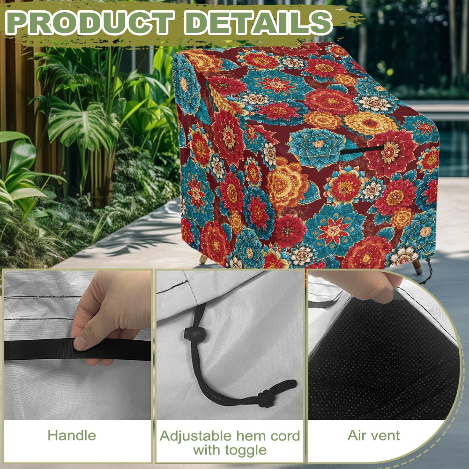 Renewold Waterproof Outdoor Chair Covers UV Protection Dust Proof Swivel Outdoor Chair Cover for Patio Lawn Furniture Fits up to 29W x 33D x 36H Inches, Bohemian Flower Red Blue