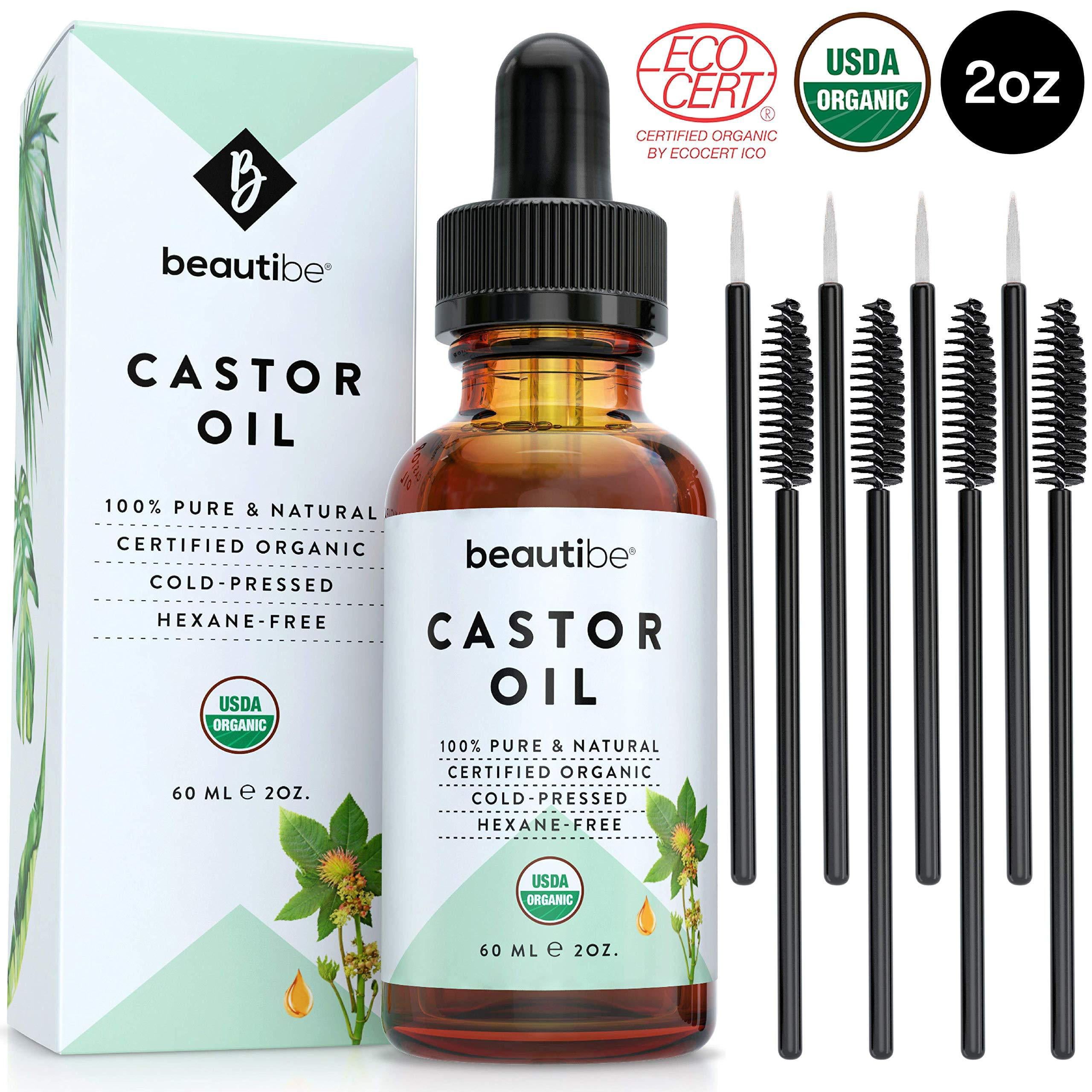 Organic Castor Oil for Hair, Lash and Brow Growth (2oz) - USDA Certified -  100% Pure, Cold-Pressed, Hexane-Free. Skin, Scalp & Nail Treatment.  Serum for Eyelashes & Eyebrows + Masc 