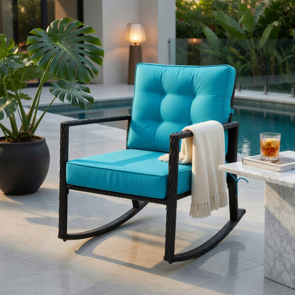 Hommoo Outdoor Rattan Rocking Chair with Thick Tufted Cushions, Weather-Resistant Patio Glider for Deck, Backyard & Garden, Turquoise
