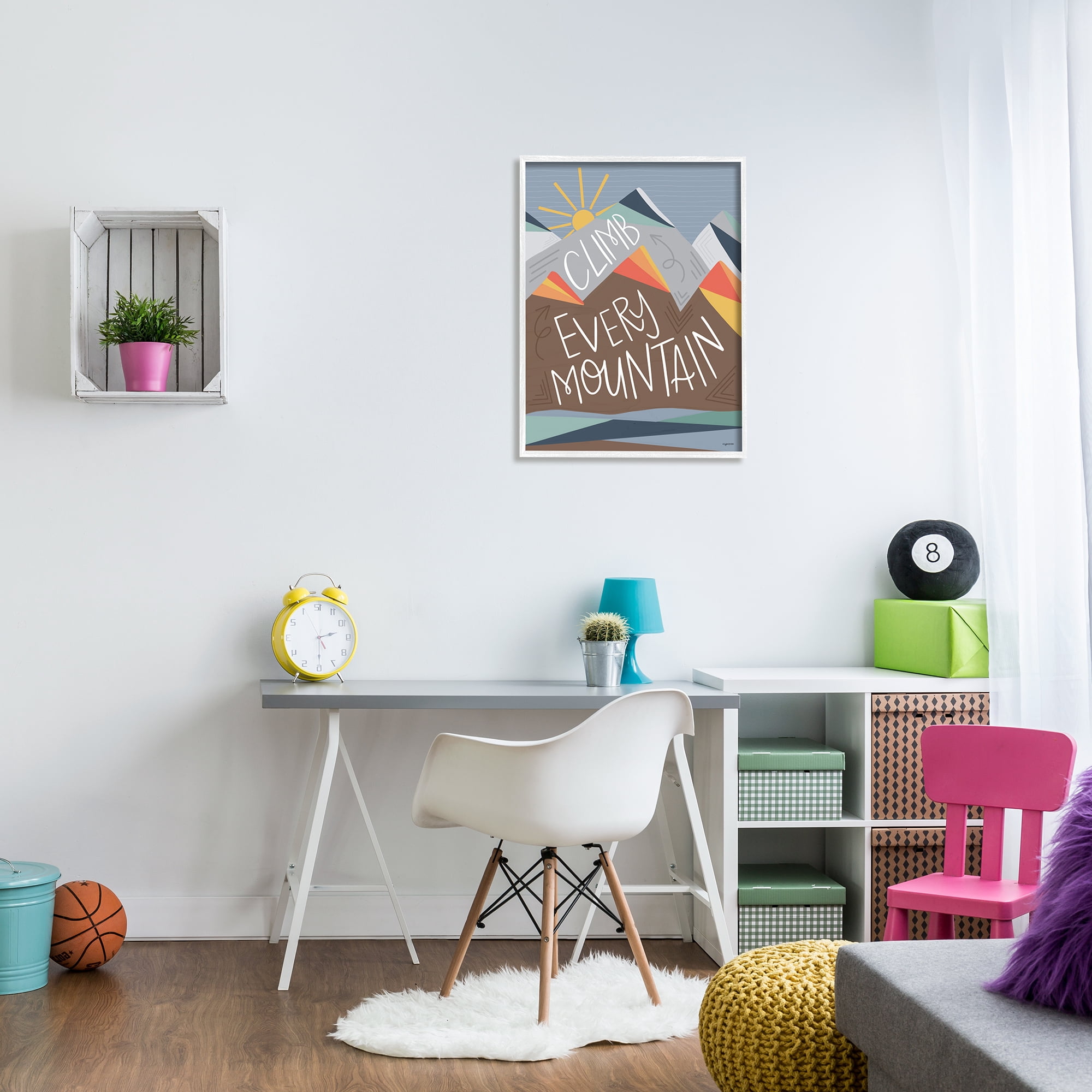 Stupell Industries Climb Every Mountain Phrase Playful Geometric Landscape Inspirational Painting White Framed Art Print Wall Art, 24 x 30
