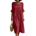 thumbnail image 2 of Guieoi Womens Dresses Plus Size Round-Neck Solid-Color Cotton-Linen Short-Sleeve Lace-Trimmed Ruffled-Sleeve Dress Red L, 2 of 6