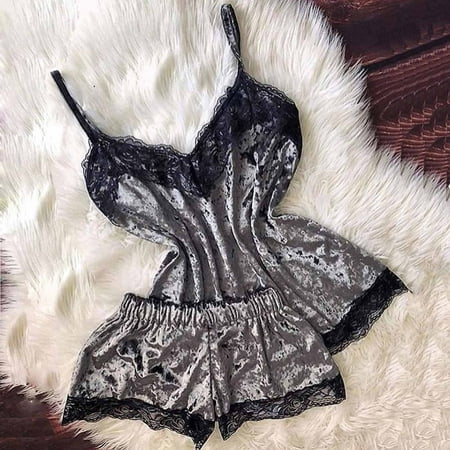 Lolmot Velvet 2 Piece Pajamas Set Womens Sexy Lingerie Sleepwear Lace Trim V Neck Cami Tops and Shorts Set Nightwear on Clearance