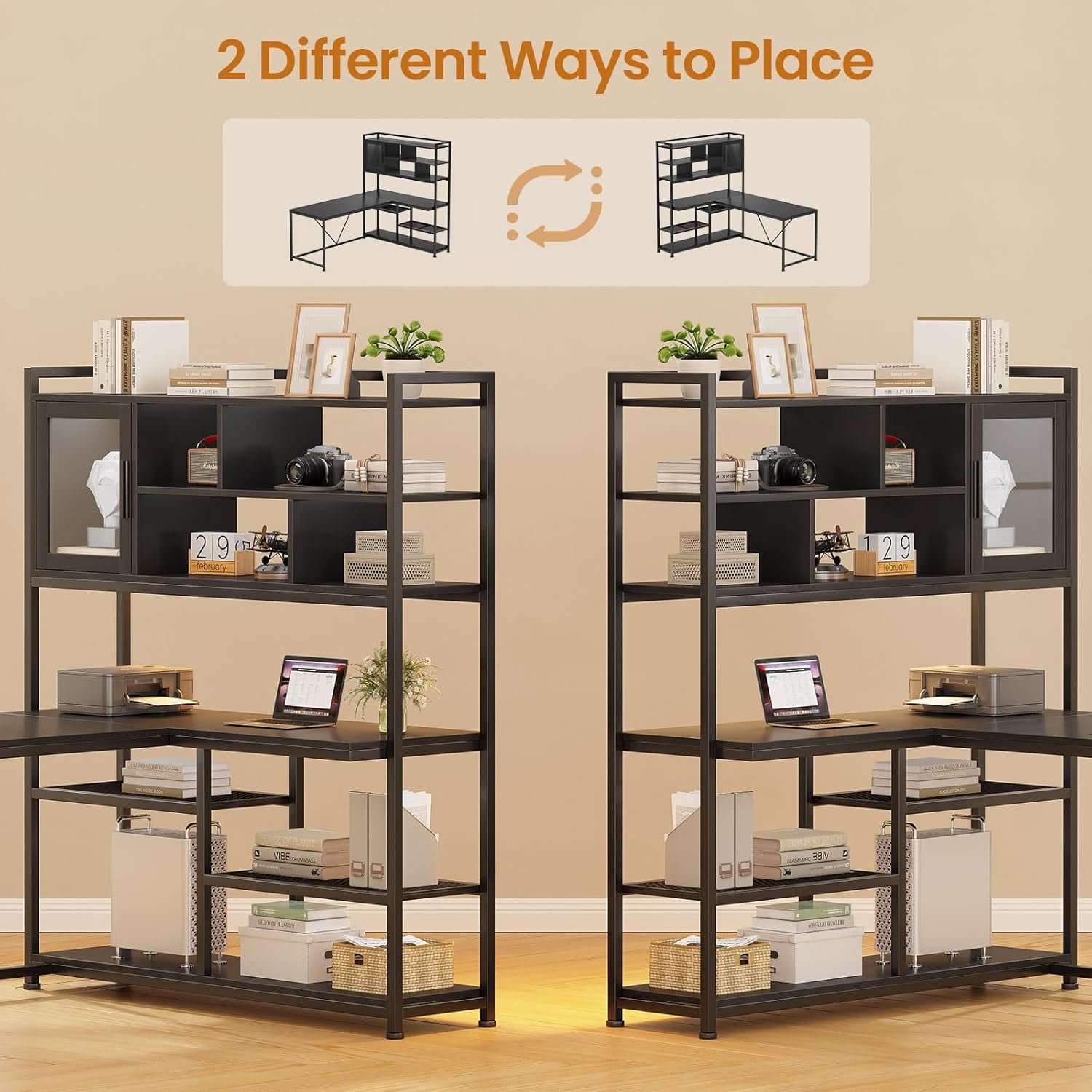 Reversible Gaming Desk with LED Lights & Hutch, L Shaped Computer Desk with 7-Tier Storage Shelves & Glass Cabinet, Black