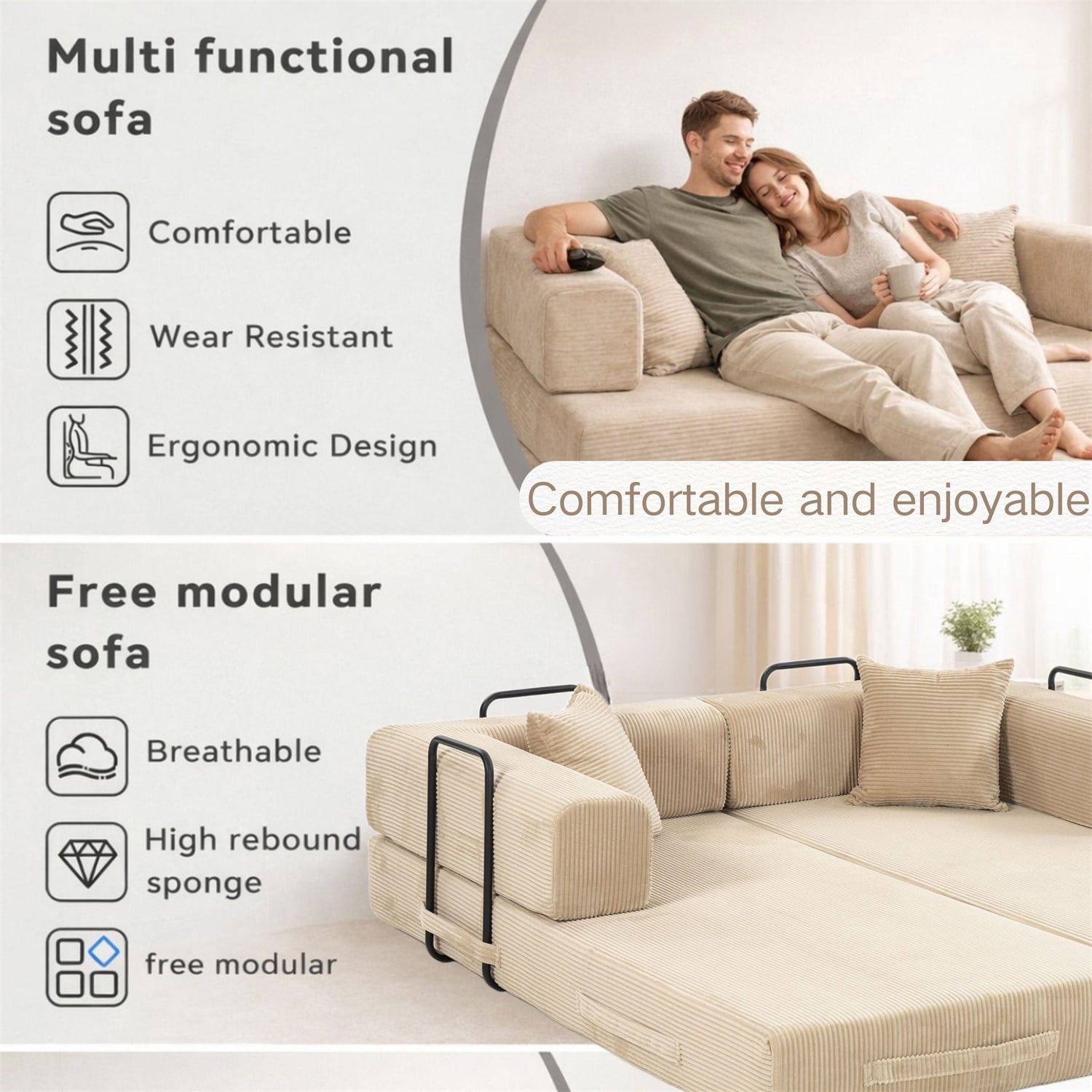 Hommoo Versatile Corduroy Fabric Full Foam Modular Compressed Sofa Couch Bed Sleeper with Multiple Layout Options, Beige