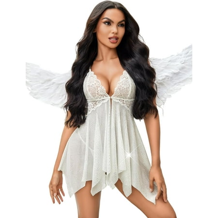 XiaoBanDeng Women Lace Lingerie Front Closure Babydoll V Neck Nightwear Sexy Chemise Nightie