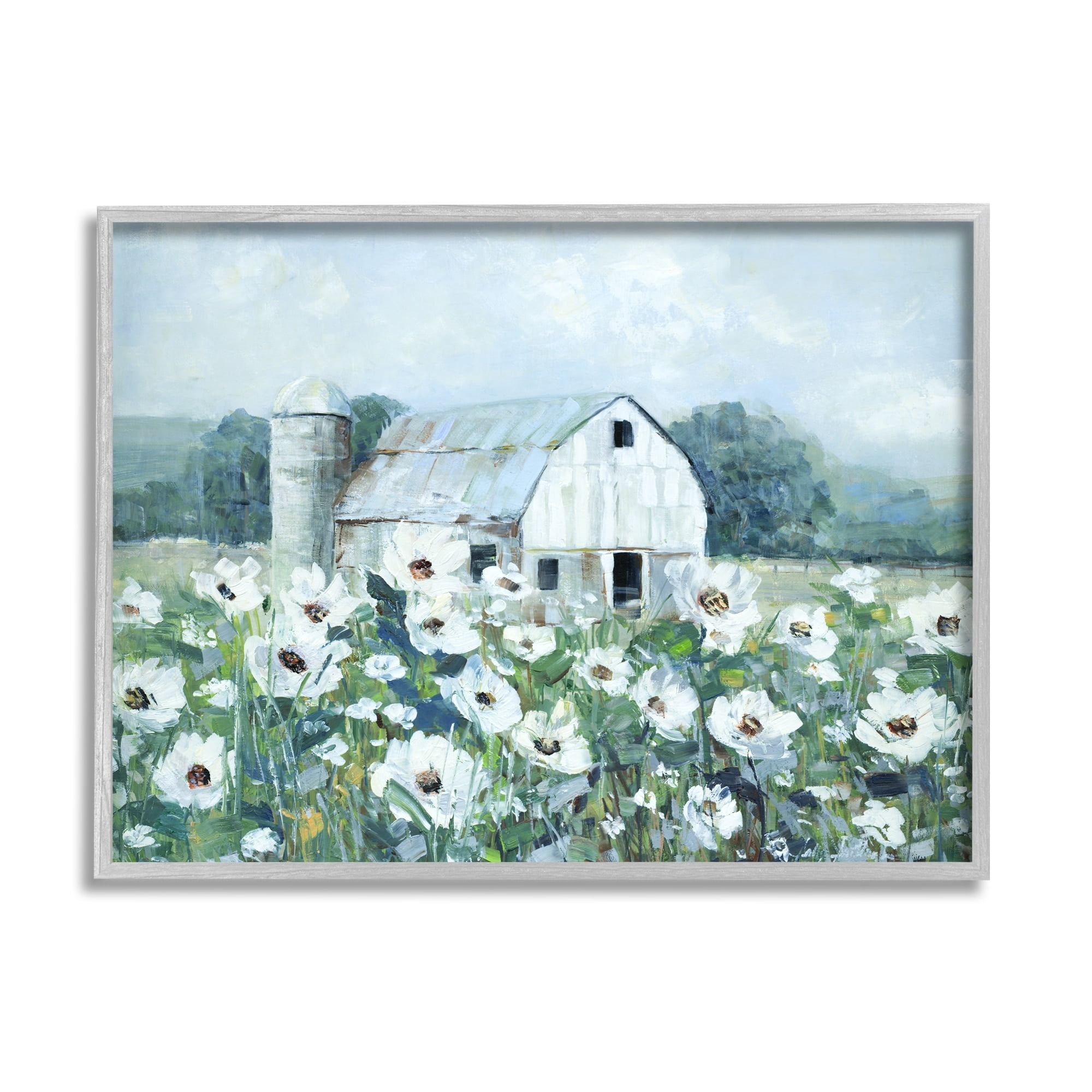 Stupell Industries Rural Anemone Flower Meadow White Farmland Barn Painting Gray Framed Art Print Wall Art, Design by Sally Swatland