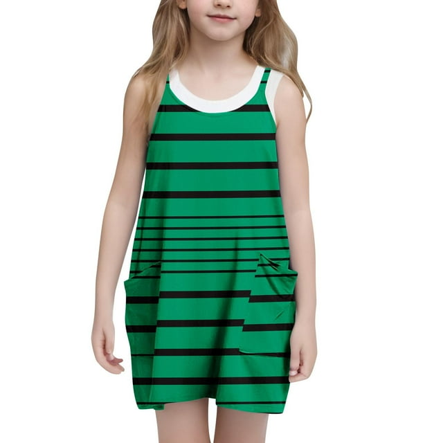 Bwiyojiz Tailles Mode 120-160 Robe Sans Manches à Col Rond Décontractée d'Été à Bretelles Combinaison Robes Tennis avec Poches pour Enfant, 9 Ans, Cadeaux pour la Maison, Vert