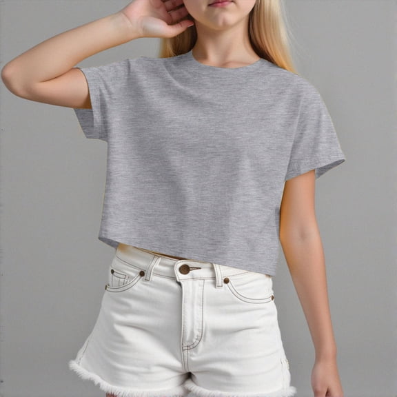 HCNTES Short Sleeve Crop Tops Kids Fashion Oversized Cute Crew Neck Cropped Athletic T Shirts Summer Basic Tees(9-10 Years,Grey)