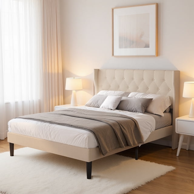 Zocalo Marco de Cama Tapizado Matrimonial con Cabecero de Ala | Fácil de Montar y Sin Ruido | Color Beige | Incluye Respaldo | 196x145x119 cm