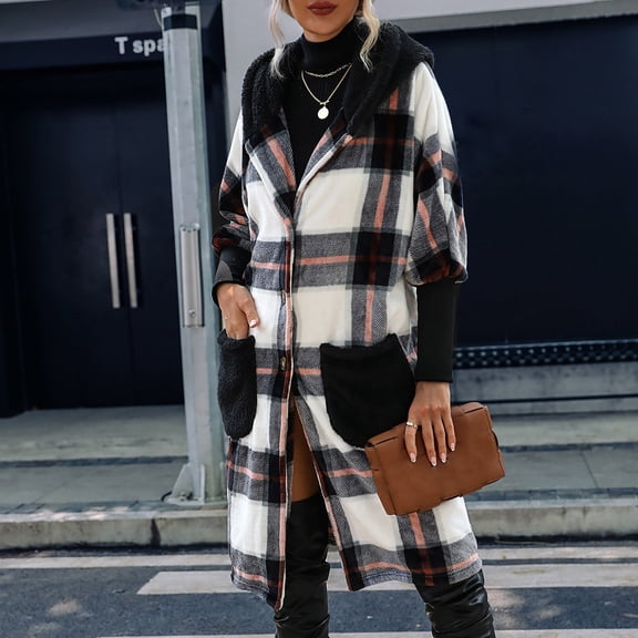 Azrian Womens Cardigan Plaid Jacket Tops,Plus Size Coats and Jackets,Women's Autumn and Winter Hooded Long Sleeved Hooded Coat Top Long Sleeved Hooded Casual Coat/Jacket