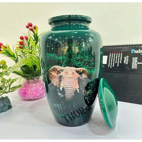Elephant Cremation Urn for Human Ashes - Dark Green Adult Funeral Urn Handcrafted - Affordable Urn for Ashes Aluminum unrs