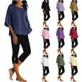 thumbnail image 6 of Paiyanr Cotton Linen Sets for Women Summer Breathable Tops Capris 2 Piece Outfits Loose Casual Solid Color Flax Round Neck 3/4 Sleeve Tops Cropped Pants Set, 6 of 6