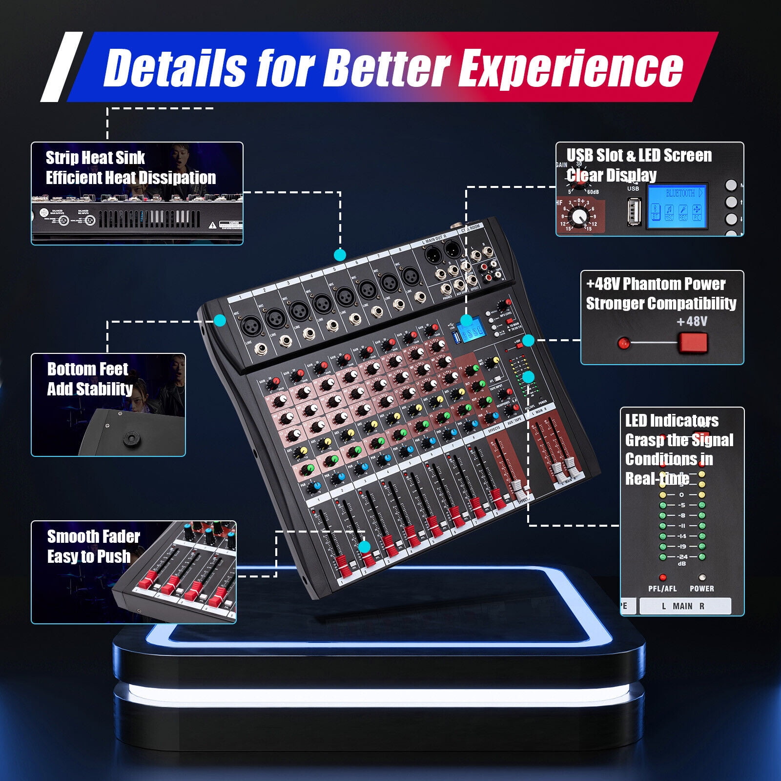 Bluetooth Studio Audio Mixer Live Sound Mixing Console Desk System Interface with USB Drive for PC Recording Input AC 110V 50Hz 18W for Professional and Beginners Recording Function (8 Channel)