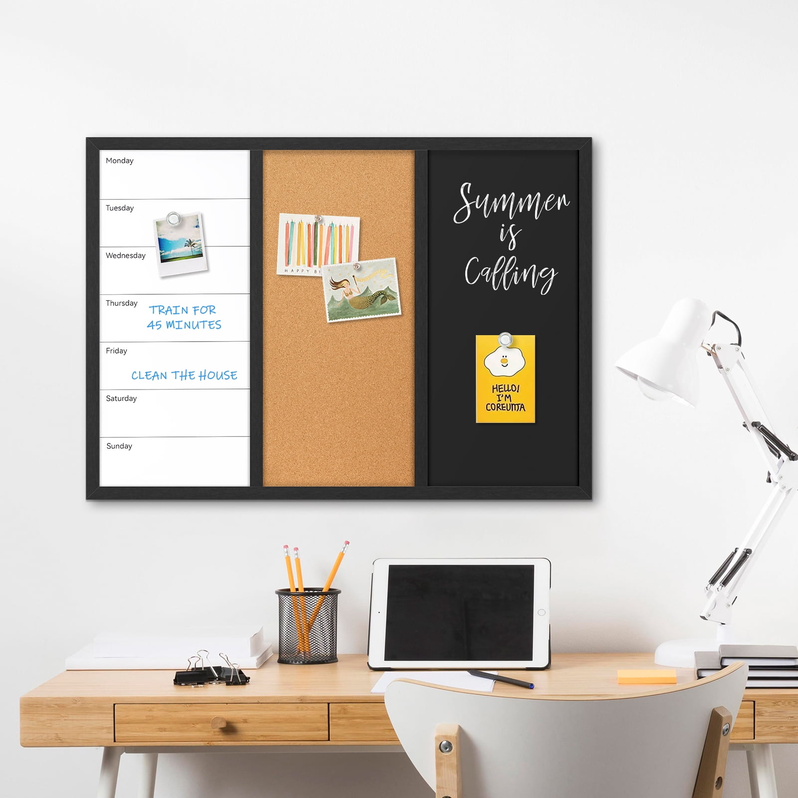 3 In 1 Magnetic Whiteboard Corkboard Chalkboard Combo Wall Board Combination Board Cork/Whiteboard/Chalkboard Combo Bulletin Dry Erase Calendar Whiteboard Weekly Message Organizer 20"x28", Black