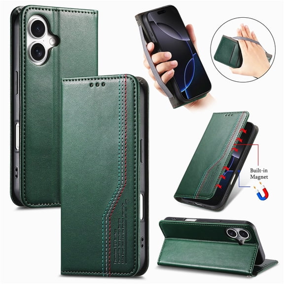 For iPhone 16 6.1-inch Case,Elastic Wristband Magnetic Suction Closure Flip Stand Wallet Leather Phone Case,Green,For iPhone 16